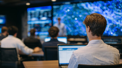 Professional employees sitting in a bright training space, engaging in a hands-on cybersecurity drill, screens showing simulated cyberattacks and real-time response dashboards, atm