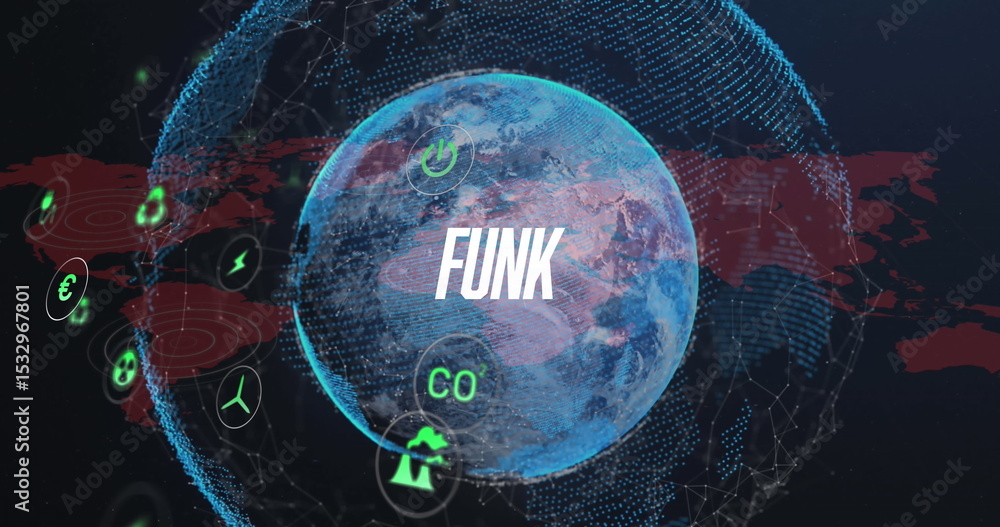 Poster rendering earth globe spinning over red map in network, featuring bold funk text, floating icons