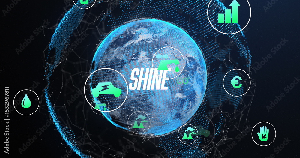 Poster displaying glowing blue wireframe earth globe rotating in data space with shine overlay and icons