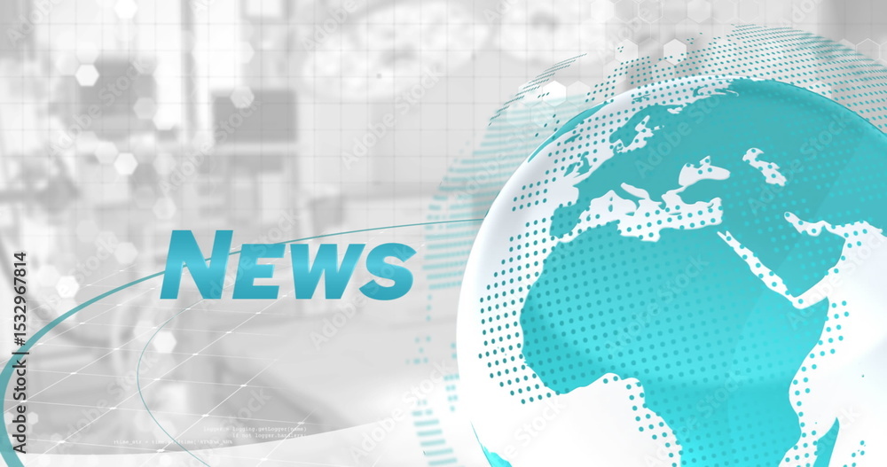 Poster displaying teal globe floating above studio background with news text and circuit lines copy space