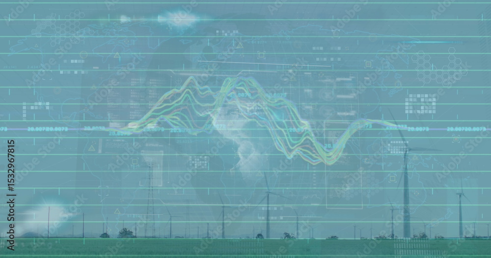 Poster showing wind turbines spinning on green grass field, displaying grid lines and numeric overlays