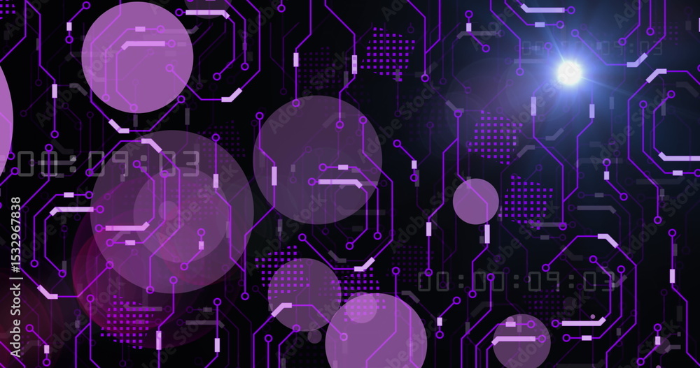 Aufkleber glowing circuit traces pulsing in digital design environment, with violet circles and neon nodes