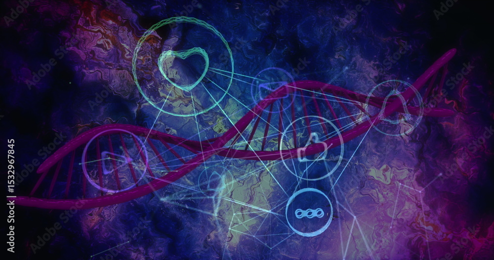 Poster displaying red double-helix dna strand spinning in data interface, with heart-link icons floating