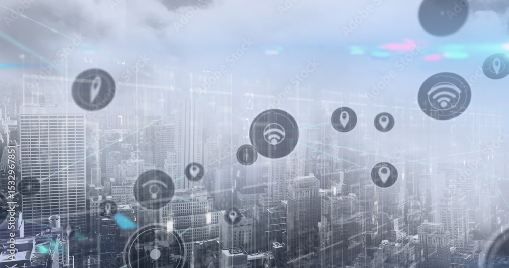 Poster hovering digital interface icons showing network links over foggy urban skyline, with glowing nodes