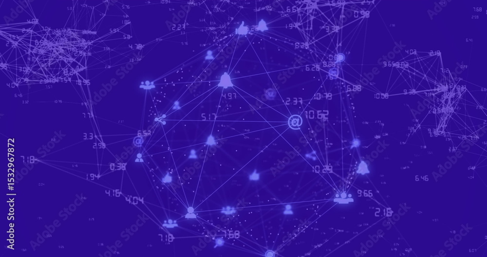 Poster showcasing glowing network sphere forming data web in digital space, with icon nodes and labels