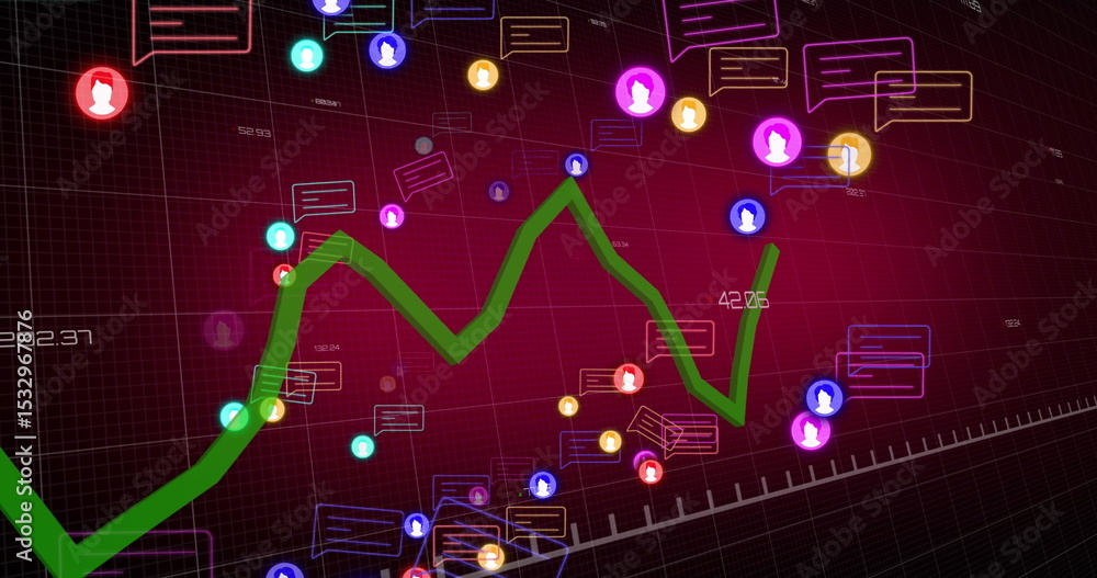 Poster showing analytics dashboard displaying wavy green zigzag graph with neon avatars and speech icons
