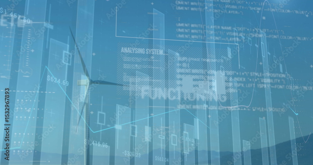 Poster displaying wind turbine integrating bar charts, line graphs and code snippets on rolling hills
