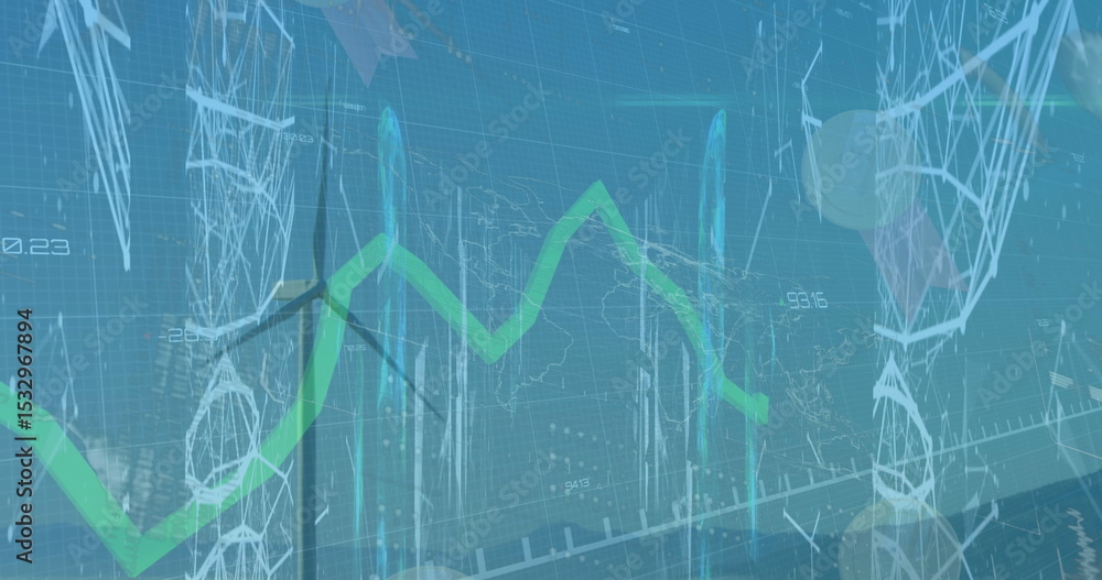 Poster displaying wind turbine merging with holographic green line chart and 3d mesh in virtual data grid