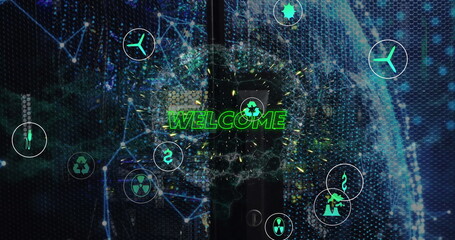 Displaying metallic double door glowing neon welcome sign at futuristic portal, with mesh icons