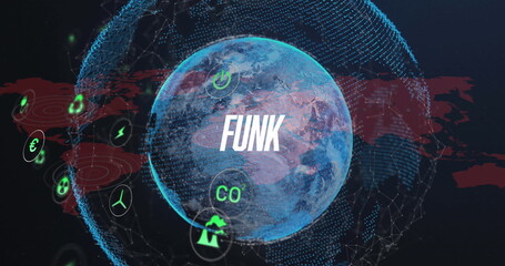 Rendering Earth globe spinning over red map in network, featuring bold FUNK text, floating icons