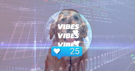 Displaying golden retriever in interface wearing globe overlay with code streams and heart icon 25