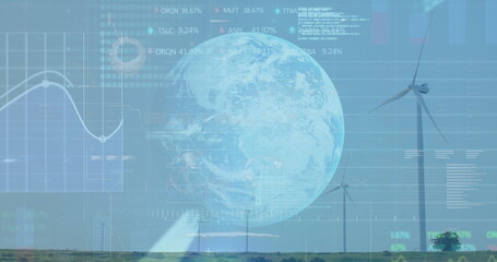 Displaying wind turbines spinning on grassy plain, with digital globe, graphs and data overlays