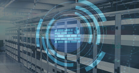 Hovering digital firewall icon showing circular UI elements in data center aisle, with server racks