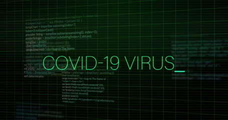 Displaying neon green COVID-19 VIRUS text on display, overlaying dark green grid with code snippets
