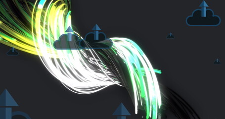 Swirling multicolored light trails twisting across dark digital backdrop, with cloud upload symbols
