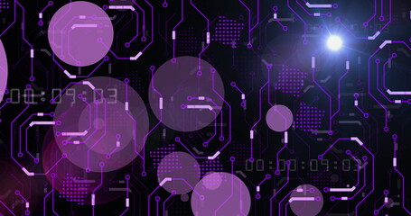 Glowing circuit traces pulsing in digital design environment, with violet circles and neon nodes