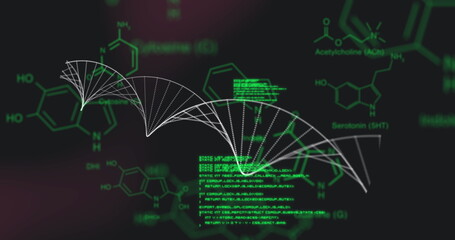 Featuring white dotted wave on dark science interface with green chemical structures and code