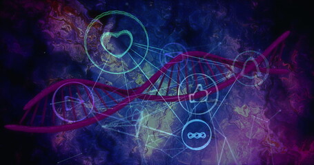 Displaying red double-helix DNA strand spinning in data interface, with heart-link icons floating