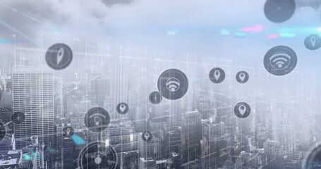 Hovering digital interface icons showing network links over foggy urban skyline, with glowing nodes