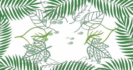 Arranging stylized green leaf illustrations into decorative frame on white canvas, botanical motif