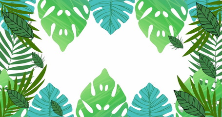Framing tropical leafy border around white center, using layered monstera, palm fronds, fern leaves
