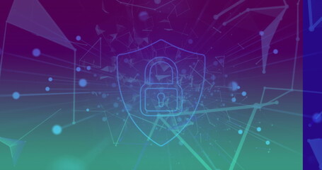 Displaying shield outline showing padlock icon in security graphic, with nodes lines and fragments