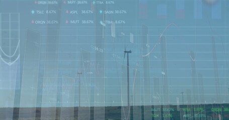 Displaying utility pole holding cross-arms power lines on rural plain, with financial data overlay
