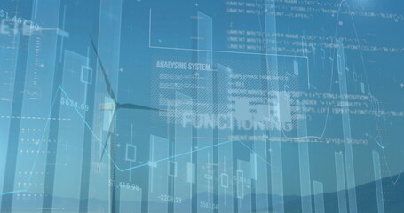 Displaying wind turbine integrating bar charts, line graphs and code snippets on rolling hills