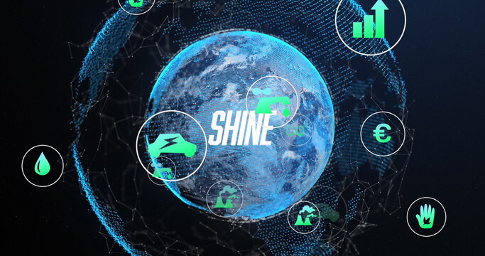 Displaying glowing blue wireframe Earth globe rotating in data space with SHINE overlay and icons
