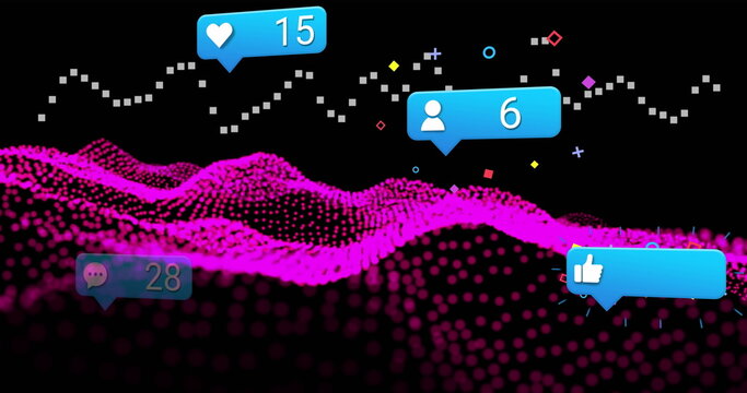 Flowing magenta data wave across void, with blue notification bubbles, particles and dotted grid - Powered by Adobe