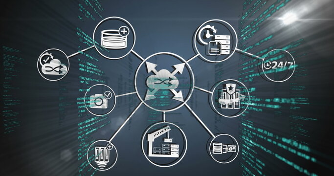 Showing network diagram highlighting data icons in cyberspace, with loop arrow and database symbol