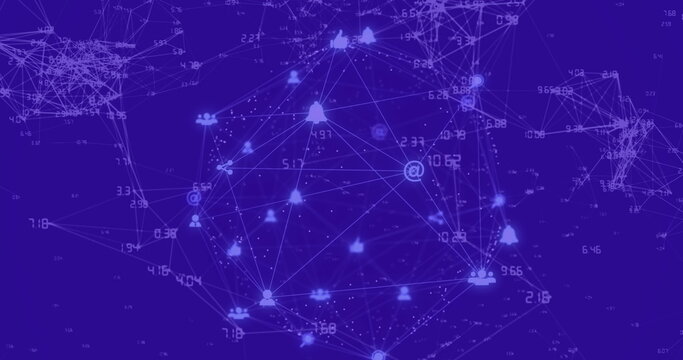 Showcasing glowing network sphere forming data web in digital space, with icon nodes and labels