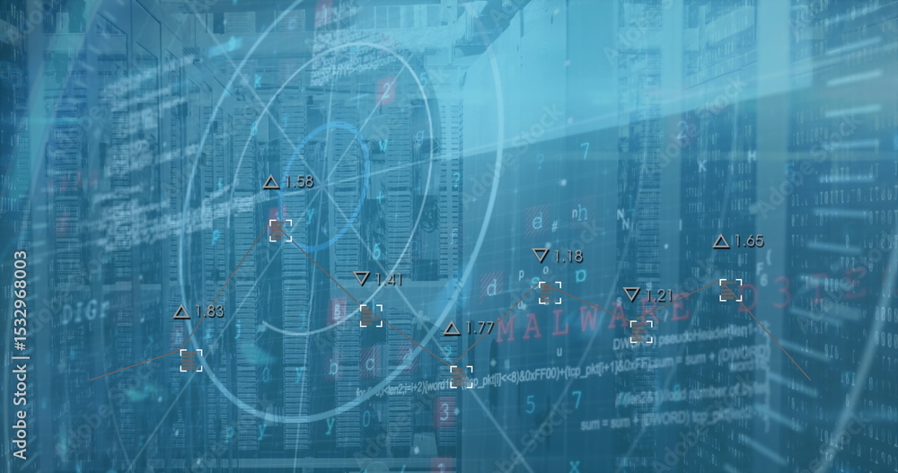 Poster monitoring server cabinets displaying digital overlay in data center, with malware alert text