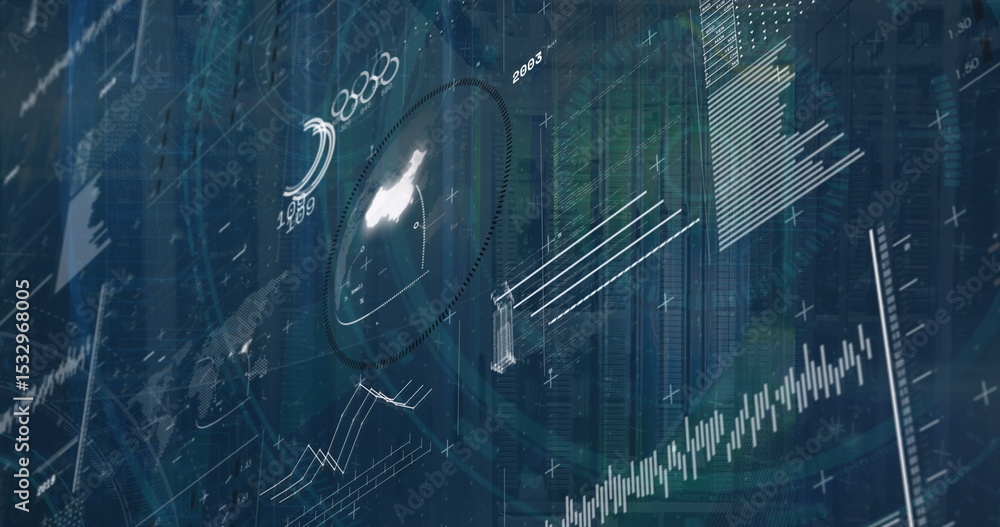 Poster displaying digital data interface on control hub display, with line graphs, bar charts, radar