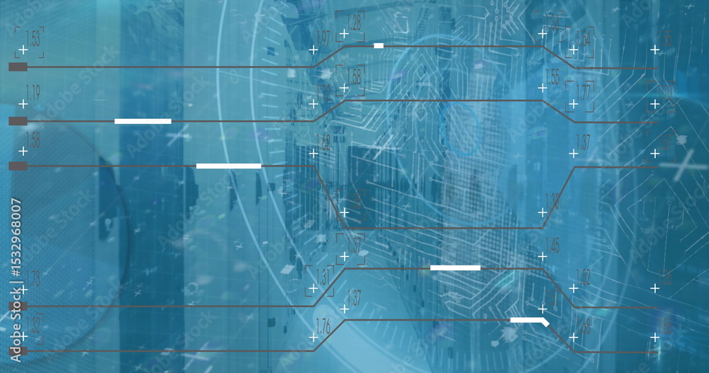 Poster abstract digital interface floating in virtual dashboard, with circuit traces, data bars and blocks