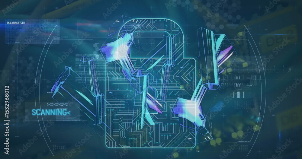 Poster glowing circuit-board head outline hovering within virtual interface, with hud and scanning beams