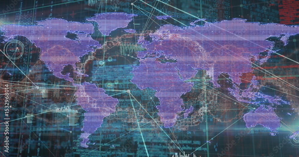 Poster Displaying world map linking continents on digital interface, with code streams, charts and nodes