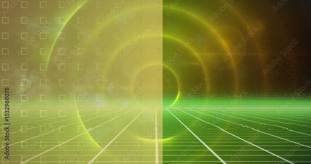 Poster featuring abstract grid in cyberspace, with concentric light rings and square outline pattern
