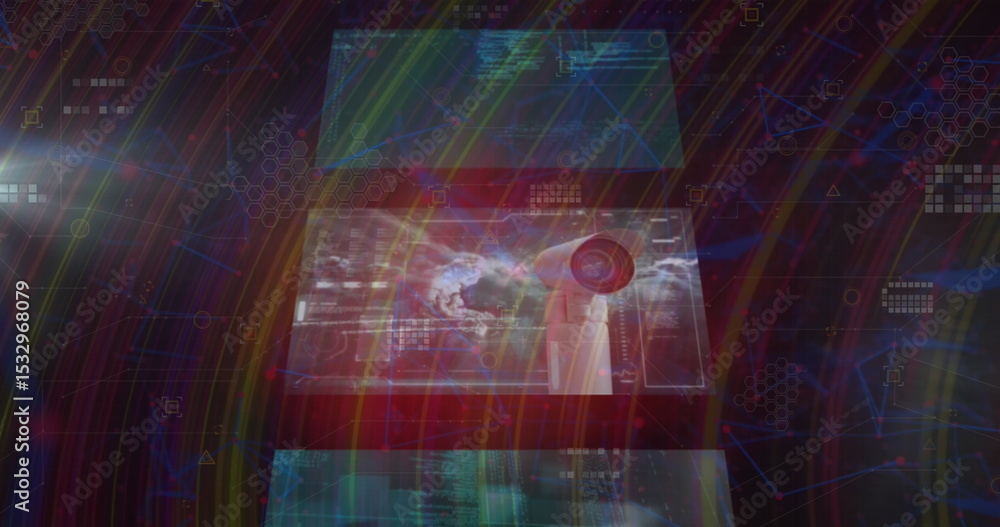 Poster displaying central translucent interface panel on dashboard with world map 3d turbine, hex grid