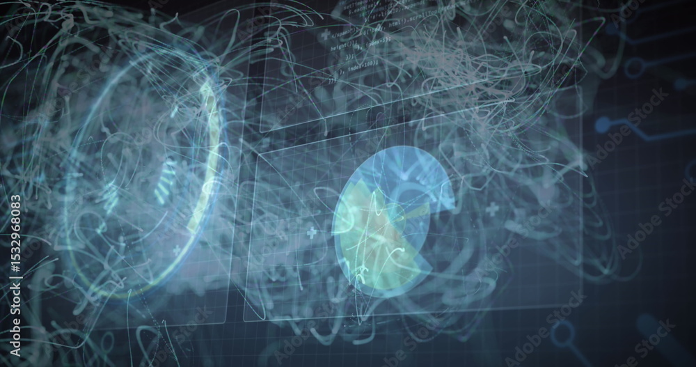 Poster displaying holographic circular chart floating with molecular wireframes on grid, with neon trails