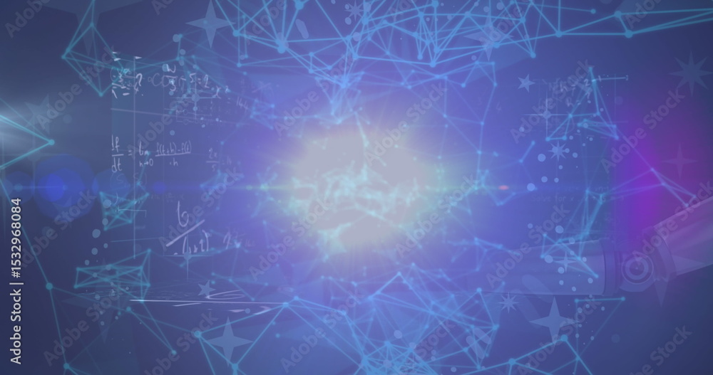 Poster radiating central glowing orb projecting network nodes and lines in digital display, with equations