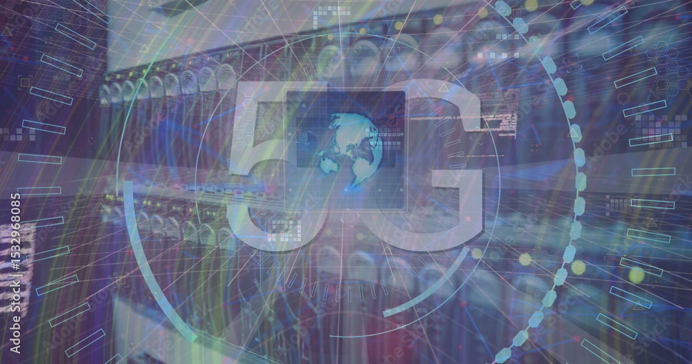 Poster projecting holographic 5g symbol with globe icon hovering above data center, showing server racks