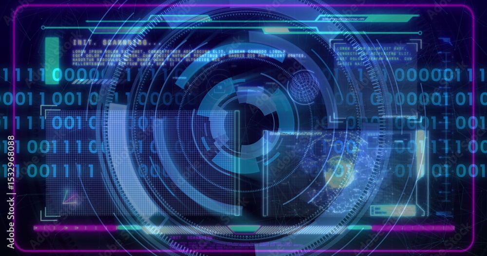 Poster scrolling concentric ring interface over futuristic panel, with binary digits and neon frame