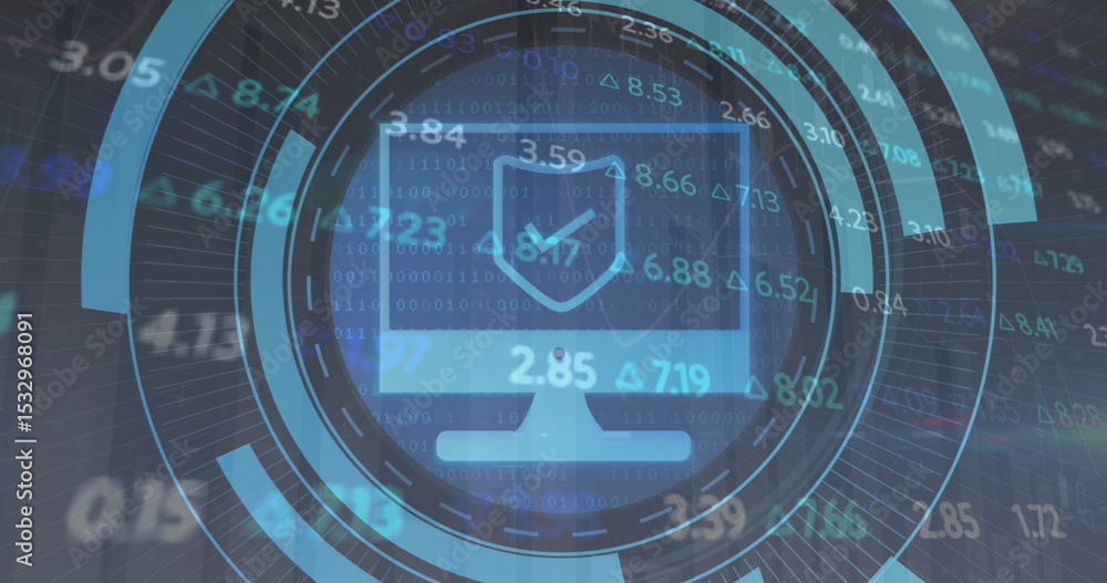 Poster displaying monitor icon radiating hud rings in cyber ui, with shield checkmark and numeric data