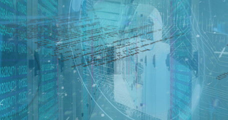 Translucent padlock floating in server rack corridor, with binary code overlays and circuit lines