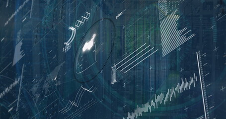 Displaying digital data interface on control hub display, with line graphs, bar charts, radar © vectorfusionart