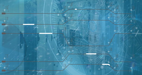 Abstract digital interface floating in virtual dashboard, with circuit traces, data bars and blocks