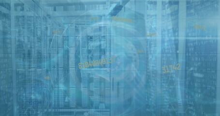 Bank of server racks streaming binary code via cables in data center, with holographic interface