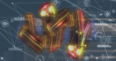 Floating prismatic bars emitting glowing edges above network nodes, showing wireframe overlays