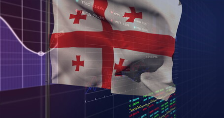Waving Georgian national flag overlaying grid lines and financial market data in trading interface